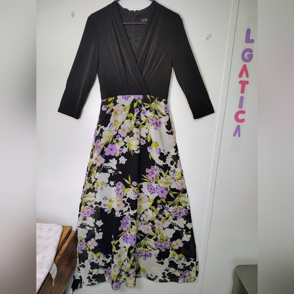 R&K maxi dress floral chiffon a-line size 6, black elegant, stretch. - Picture 2 of 16